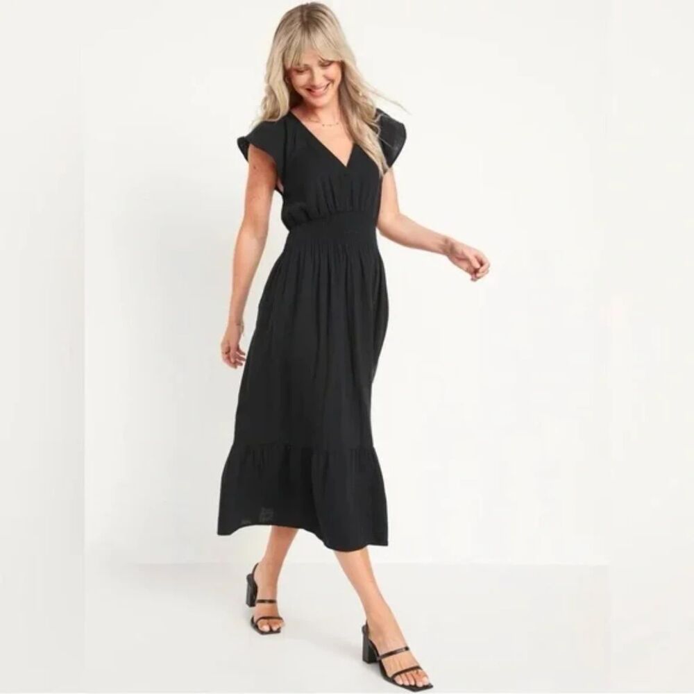 Old Navy Black Flutter-Sleeve Cotton Midi Dress Small Boho Hippie Coastal